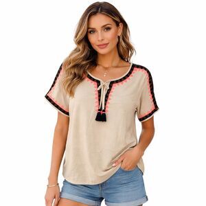 Ivy Jane Tunic Blouse Womens XS Beige Geometric Tassel Scoop Neck Top Boho
